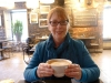 Gina with a 'bol' of coffe at Cafe Hobbit